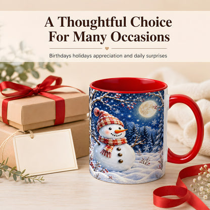 #pl[11oz|Red] Moon Snowman Coffee Mug, Snowy Forest Winter Mug, Ceramic Cup