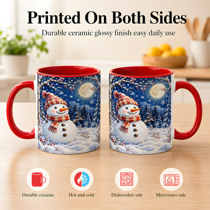 #pl[11oz|Red] Moon Snowman Coffee Mug, Snowy Forest Winter Mug, Ceramic Cup