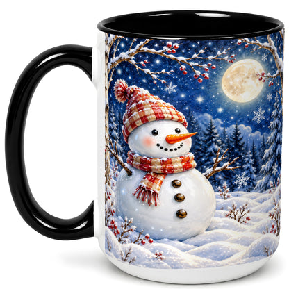 #pl[15oz|Black] Moon Snowman Coffee Mug, Snowy Forest Winter Mug, Ceramic Cup
