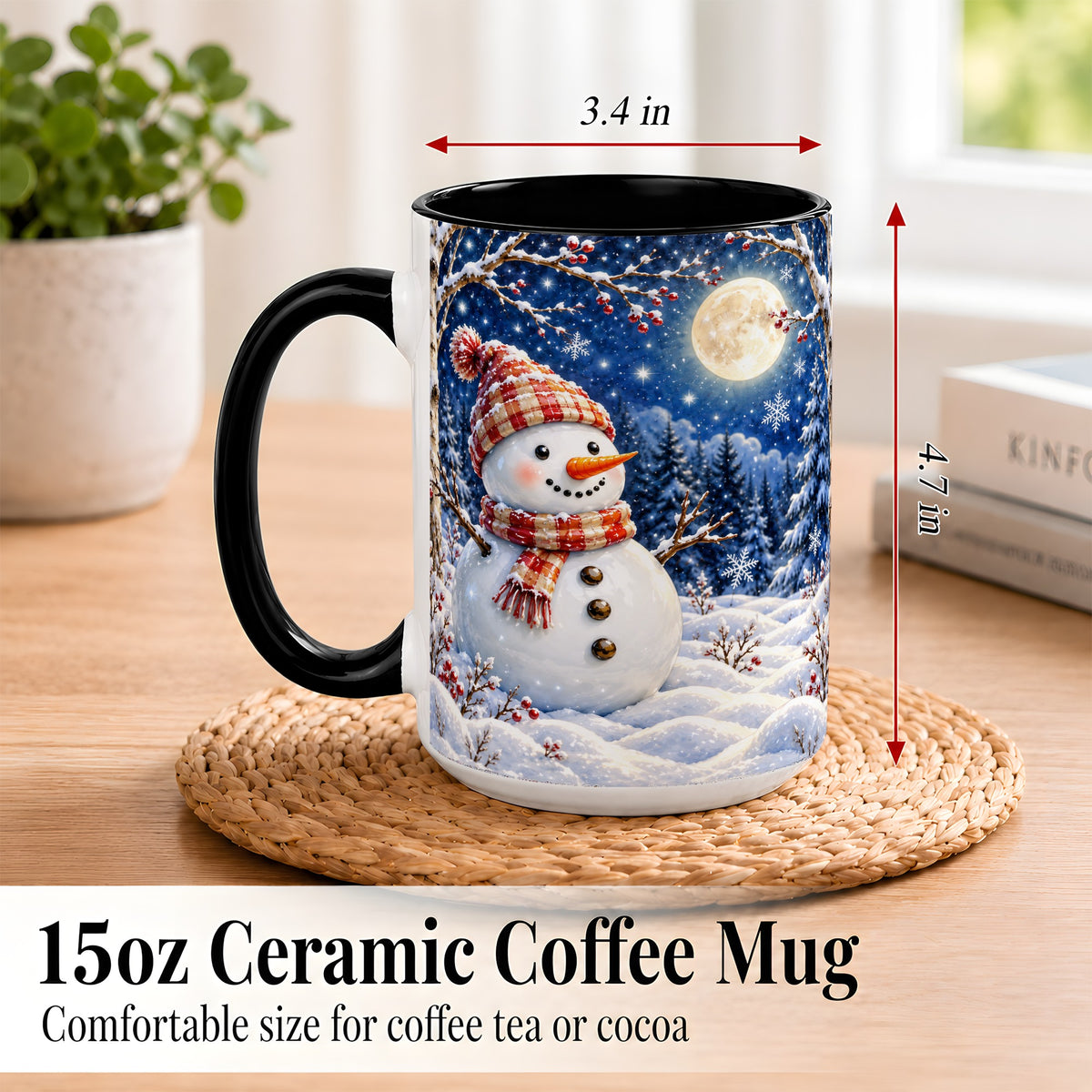#pl[15oz|Black] Moon Snowman Coffee Mug, Snowy Forest Winter Mug, Ceramic Cup