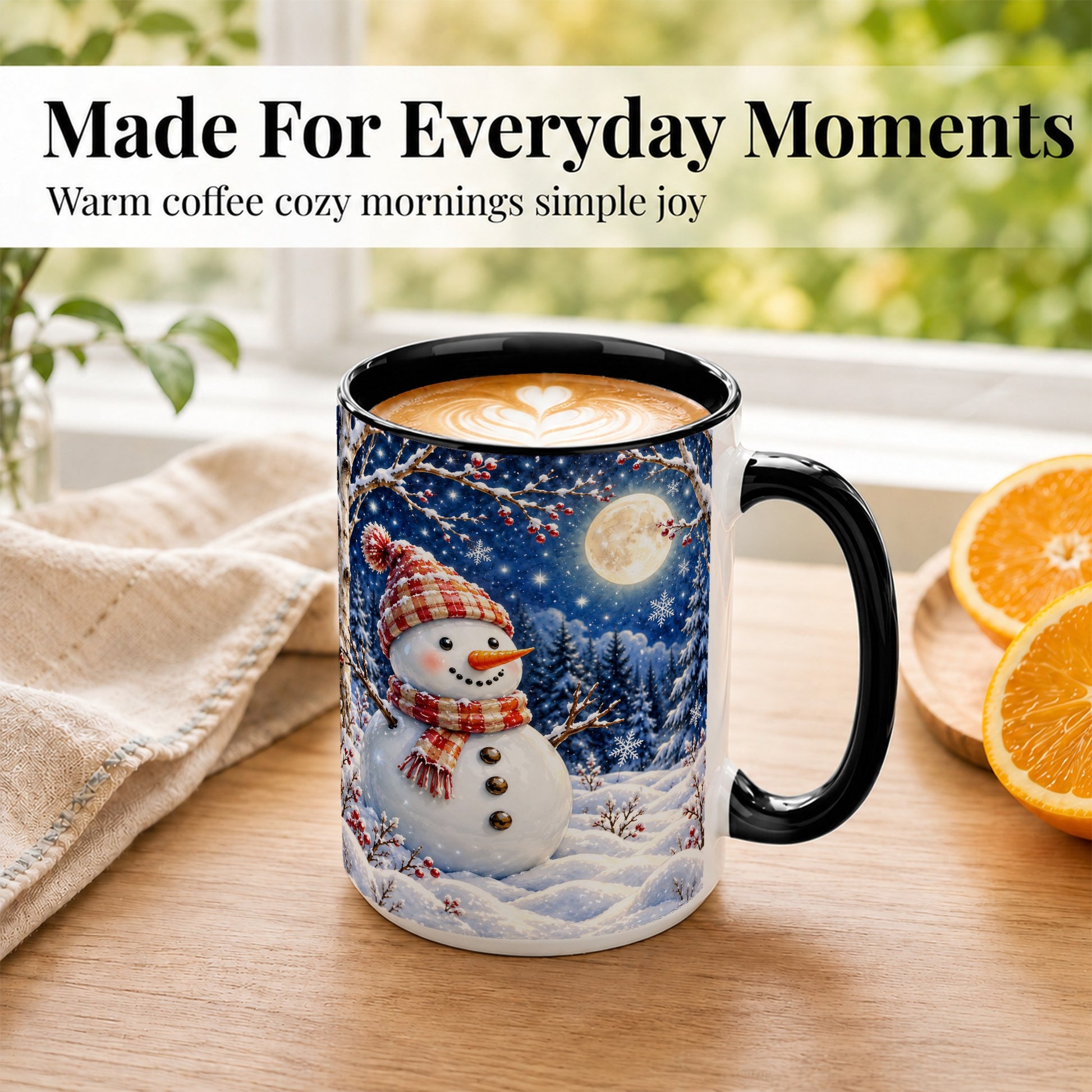 #pl[15oz|Black] Moon Snowman Coffee Mug, Snowy Forest Winter Mug, Ceramic Cup