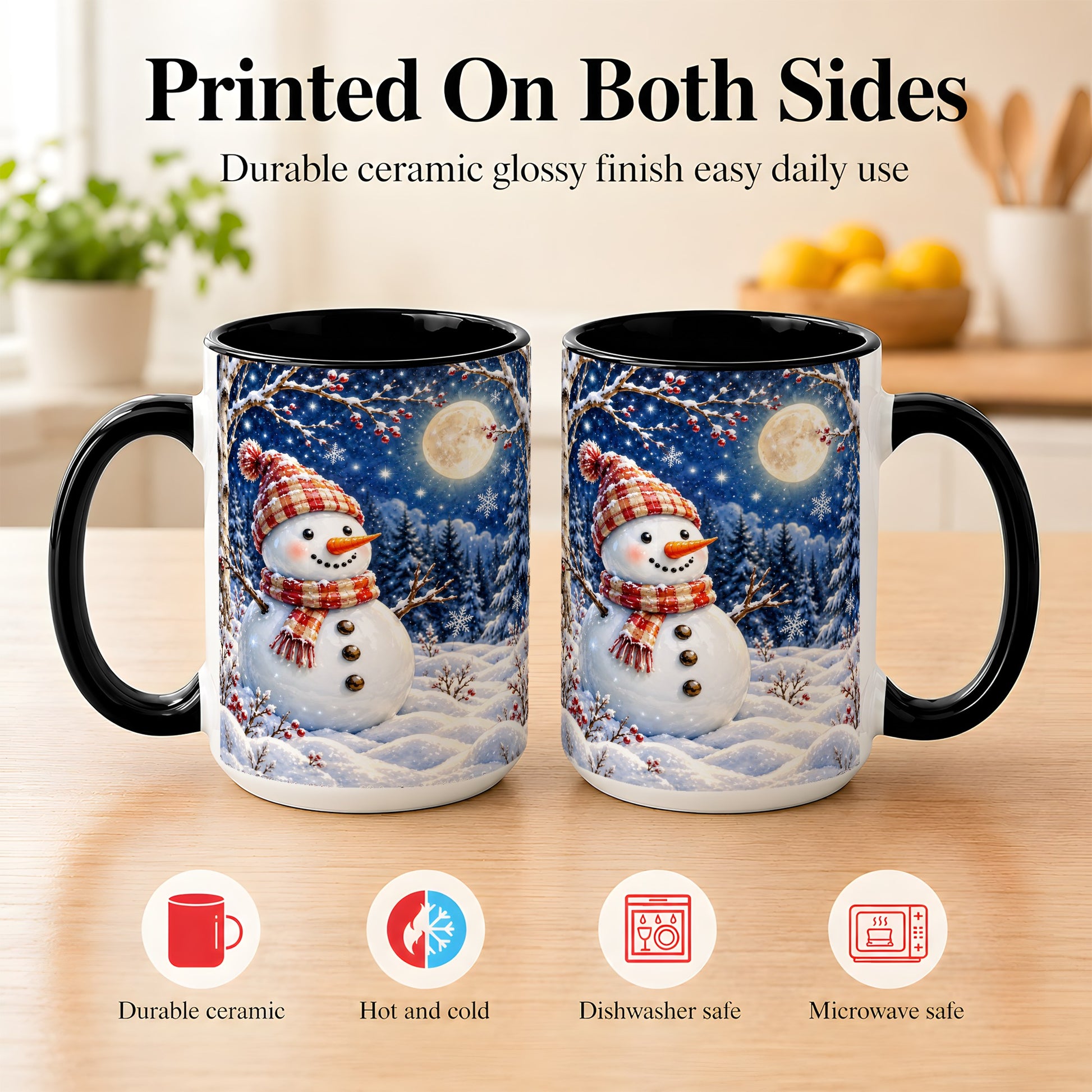 #pl[15oz|Black] Moon Snowman Coffee Mug, Snowy Forest Winter Mug, Ceramic Cup