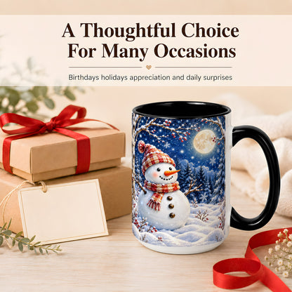 #pl[15oz|Black] Moon Snowman Coffee Mug, Snowy Forest Winter Mug, Ceramic Cup