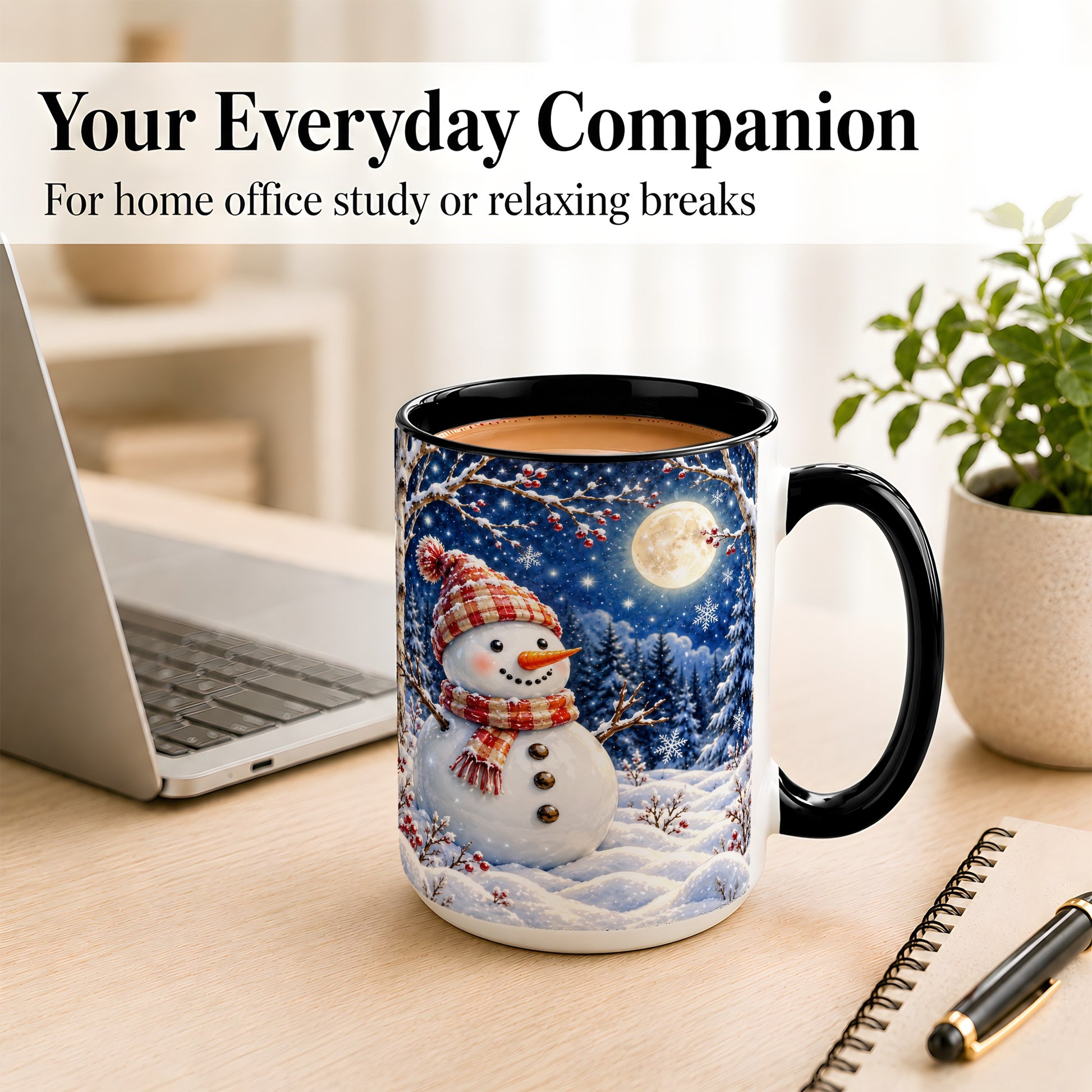 #pl[15oz|Black] Moon Snowman Coffee Mug, Snowy Forest Winter Mug, Ceramic Cup