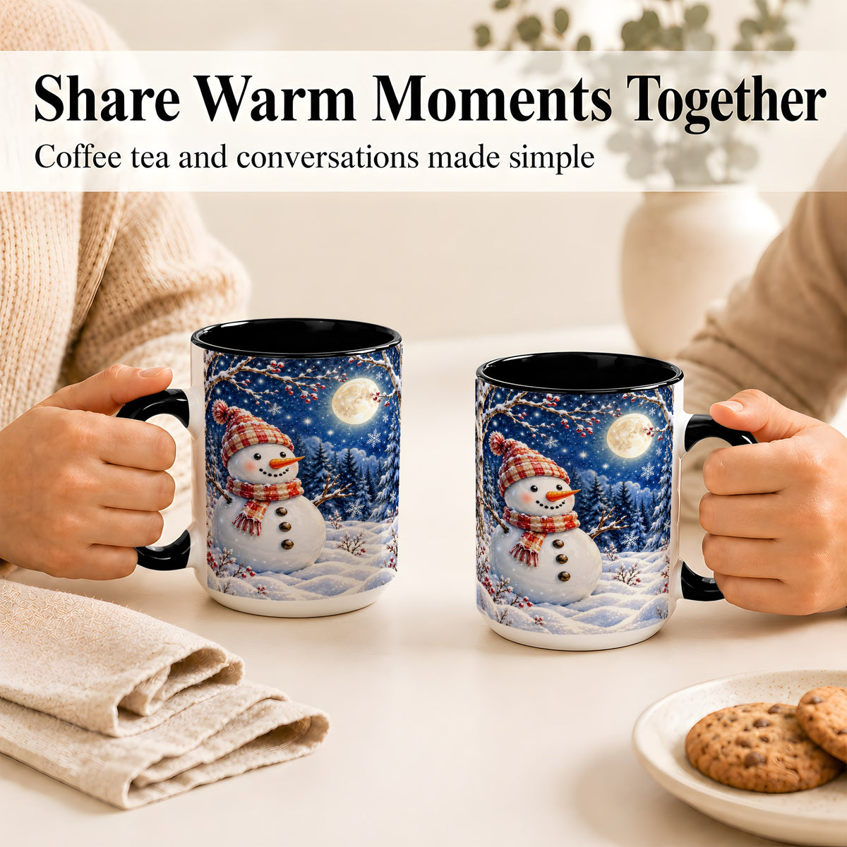 #pl[15oz|Black] Moon Snowman Coffee Mug, Snowy Forest Winter Mug, Ceramic Cup