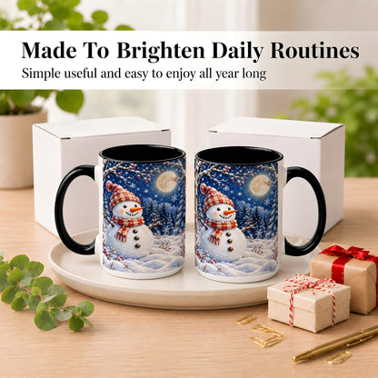 #pl[15oz|Black] Moon Snowman Coffee Mug, Snowy Forest Winter Mug, Ceramic Cup