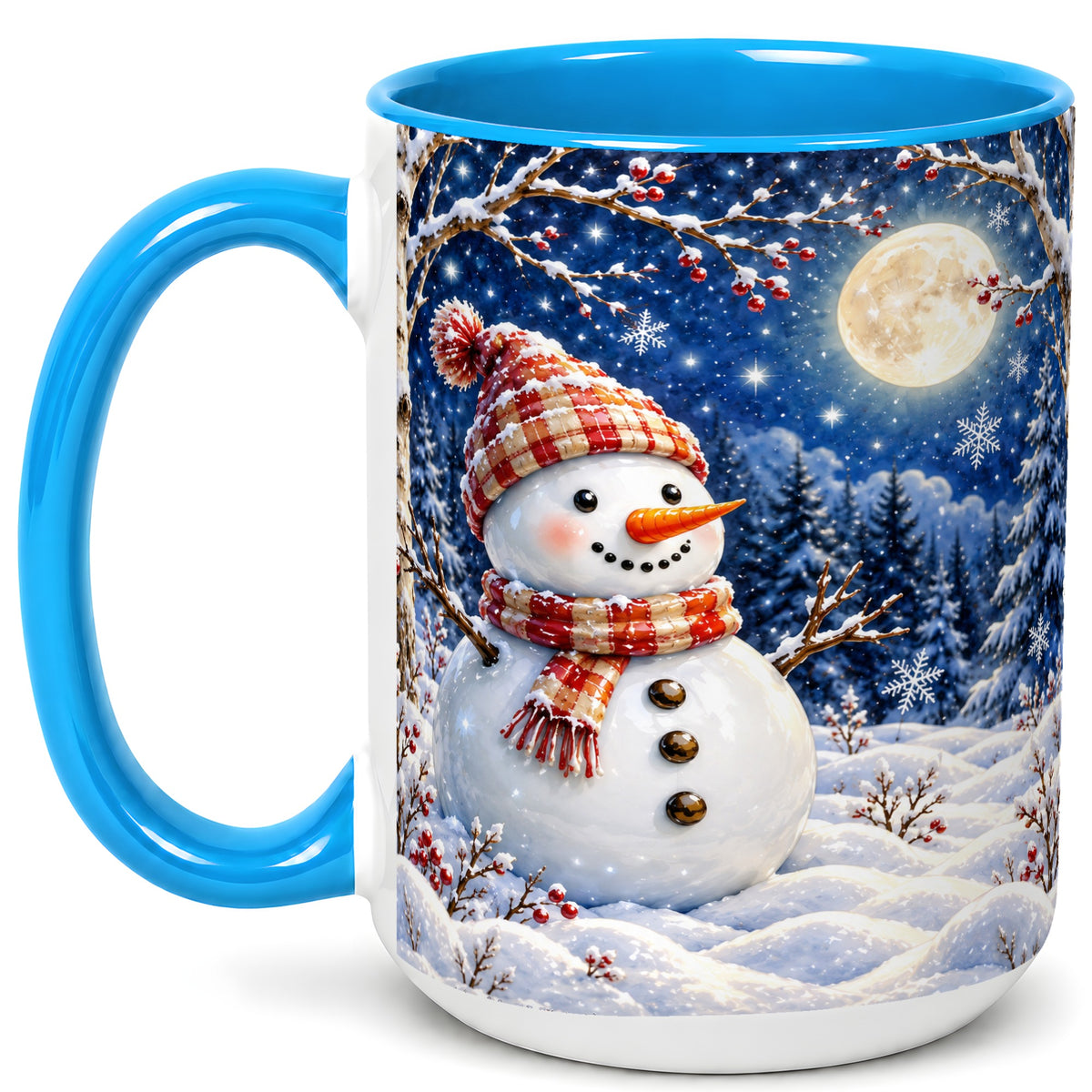 #pl[15oz|Blue] Moon Snowman Coffee Mug, Snowy Forest Winter Mug, Ceramic Cup