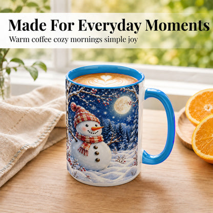 #pl[15oz|Blue] Moon Snowman Coffee Mug, Snowy Forest Winter Mug, Ceramic Cup