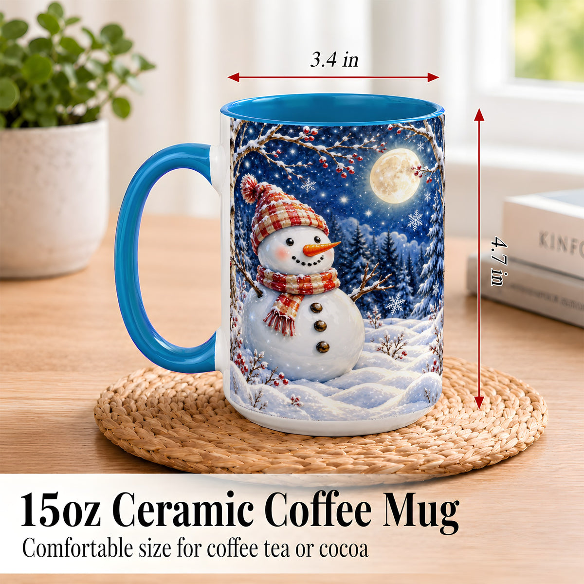 #pl[15oz|Blue] Moon Snowman Coffee Mug, Snowy Forest Winter Mug, Ceramic Cup