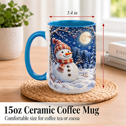 #pl[15oz|Blue] Moon Snowman Coffee Mug, Snowy Forest Winter Mug, Ceramic Cup