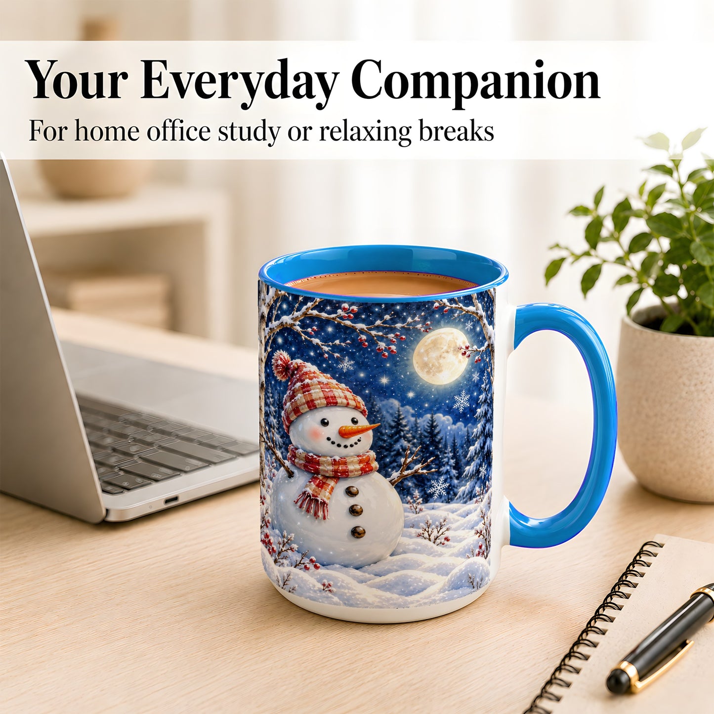 #pl[15oz|Blue] Moon Snowman Coffee Mug, Snowy Forest Winter Mug, Ceramic Cup