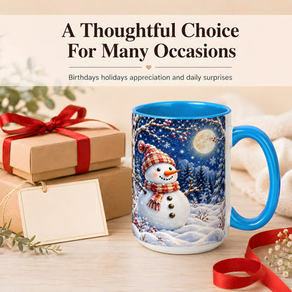 #pl[15oz|Blue] Moon Snowman Coffee Mug, Snowy Forest Winter Mug, Ceramic Cup