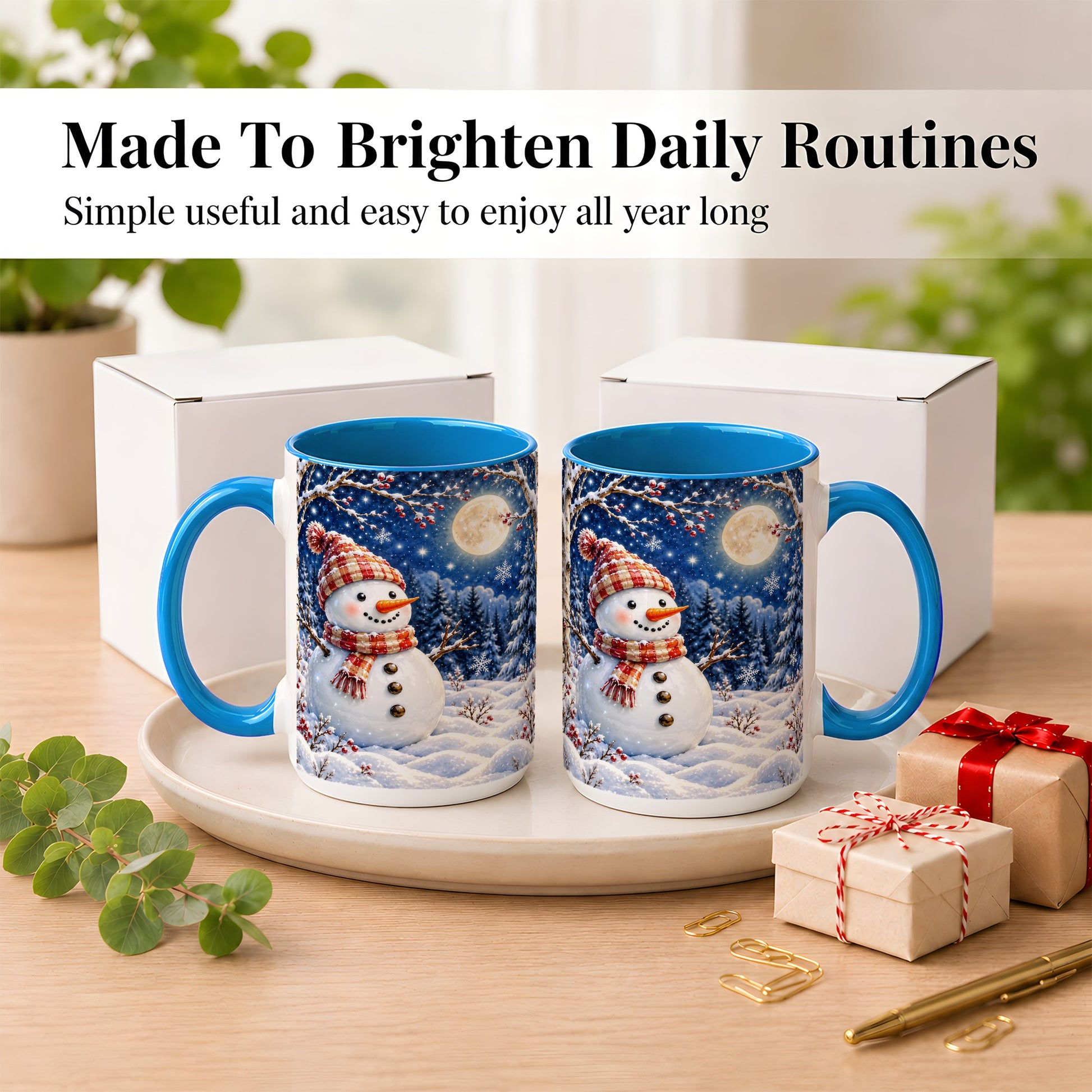 #pl[15oz|Blue] Moon Snowman Coffee Mug, Snowy Forest Winter Mug, Ceramic Cup
