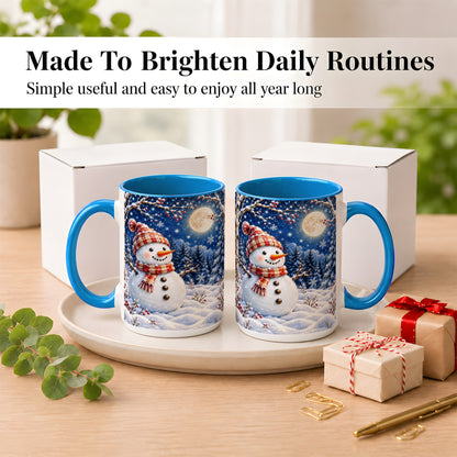 #pl[15oz|Blue] Moon Snowman Coffee Mug, Snowy Forest Winter Mug, Ceramic Cup