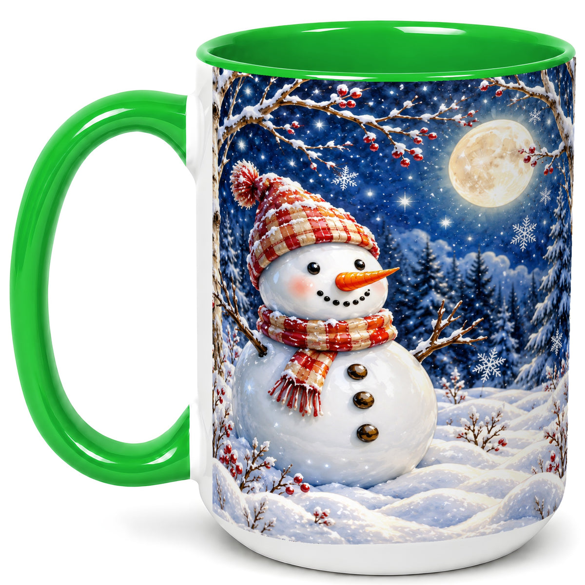 #pl[15oz|Green] Moon Snowman Coffee Mug, Snowy Forest Winter Mug, Ceramic Cup