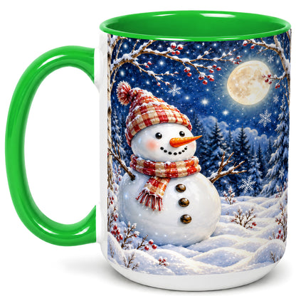 #pl[15oz|Green] Moon Snowman Coffee Mug, Snowy Forest Winter Mug, Ceramic Cup