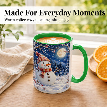 #pl[15oz|Green] Moon Snowman Coffee Mug, Snowy Forest Winter Mug, Ceramic Cup