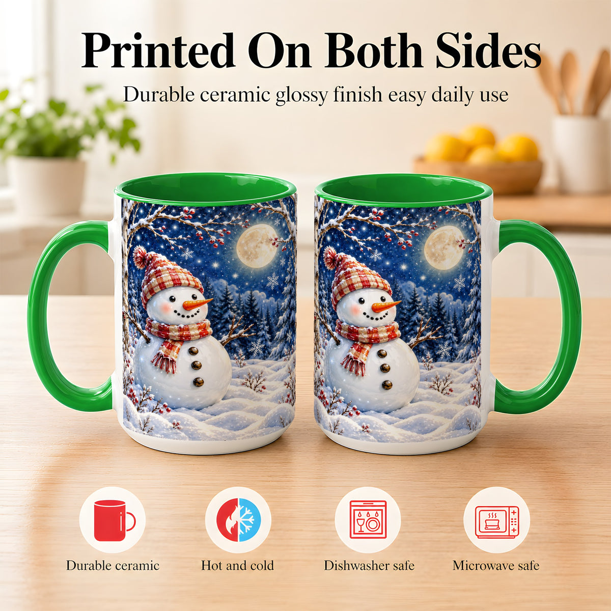 #pl[15oz|Green] Moon Snowman Coffee Mug, Snowy Forest Winter Mug, Ceramic Cup