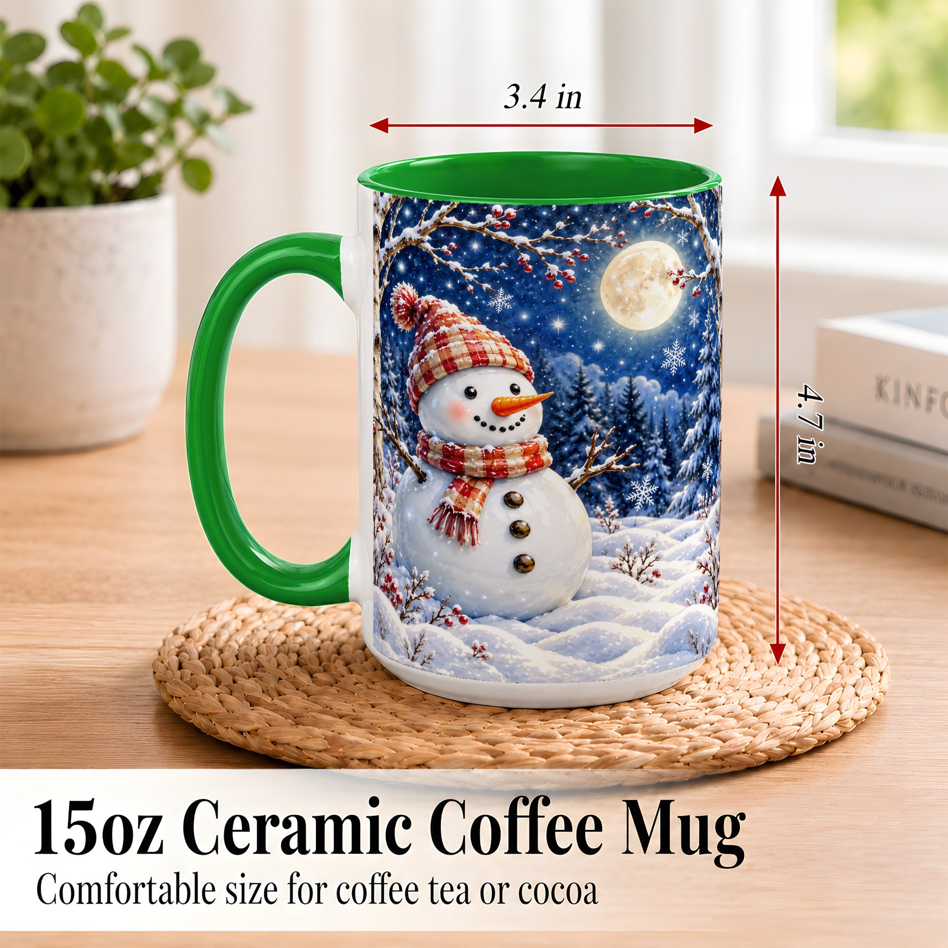 #pl[15oz|Green] Moon Snowman Coffee Mug, Snowy Forest Winter Mug, Ceramic Cup