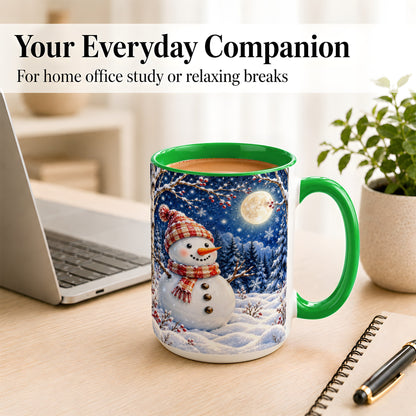 #pl[15oz|Green] Moon Snowman Coffee Mug, Snowy Forest Winter Mug, Ceramic Cup