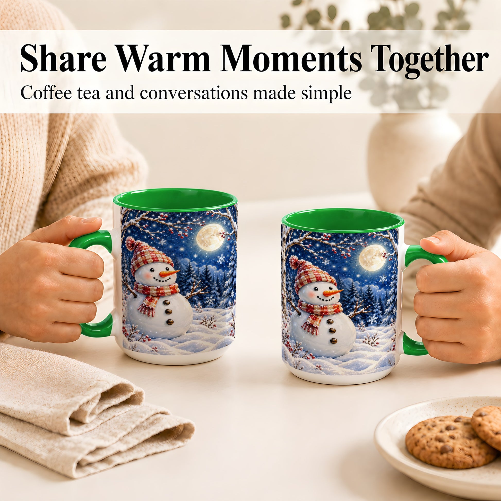 #pl[15oz|Green] Moon Snowman Coffee Mug, Snowy Forest Winter Mug, Ceramic Cup