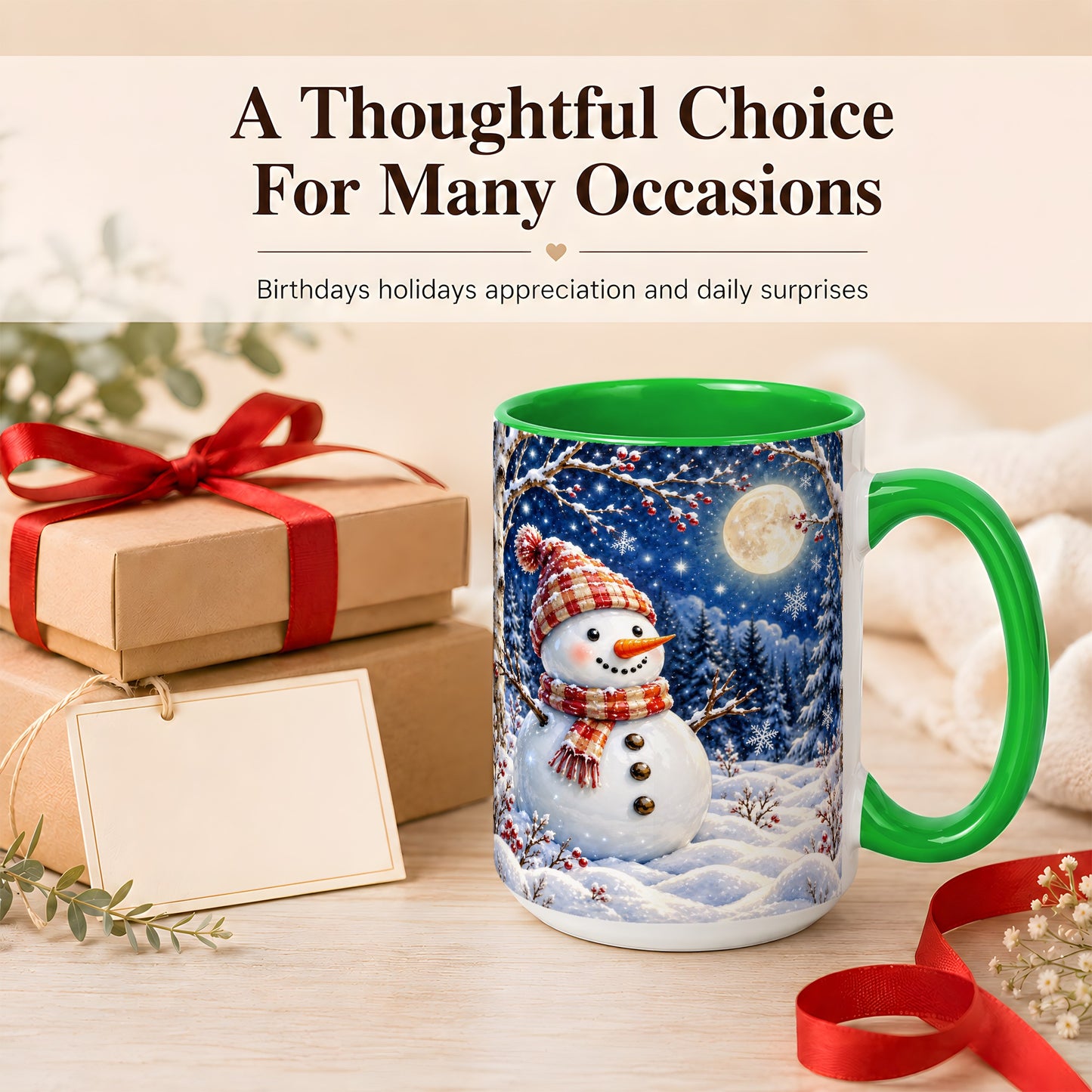 #pl[15oz|Green] Moon Snowman Coffee Mug, Snowy Forest Winter Mug, Ceramic Cup