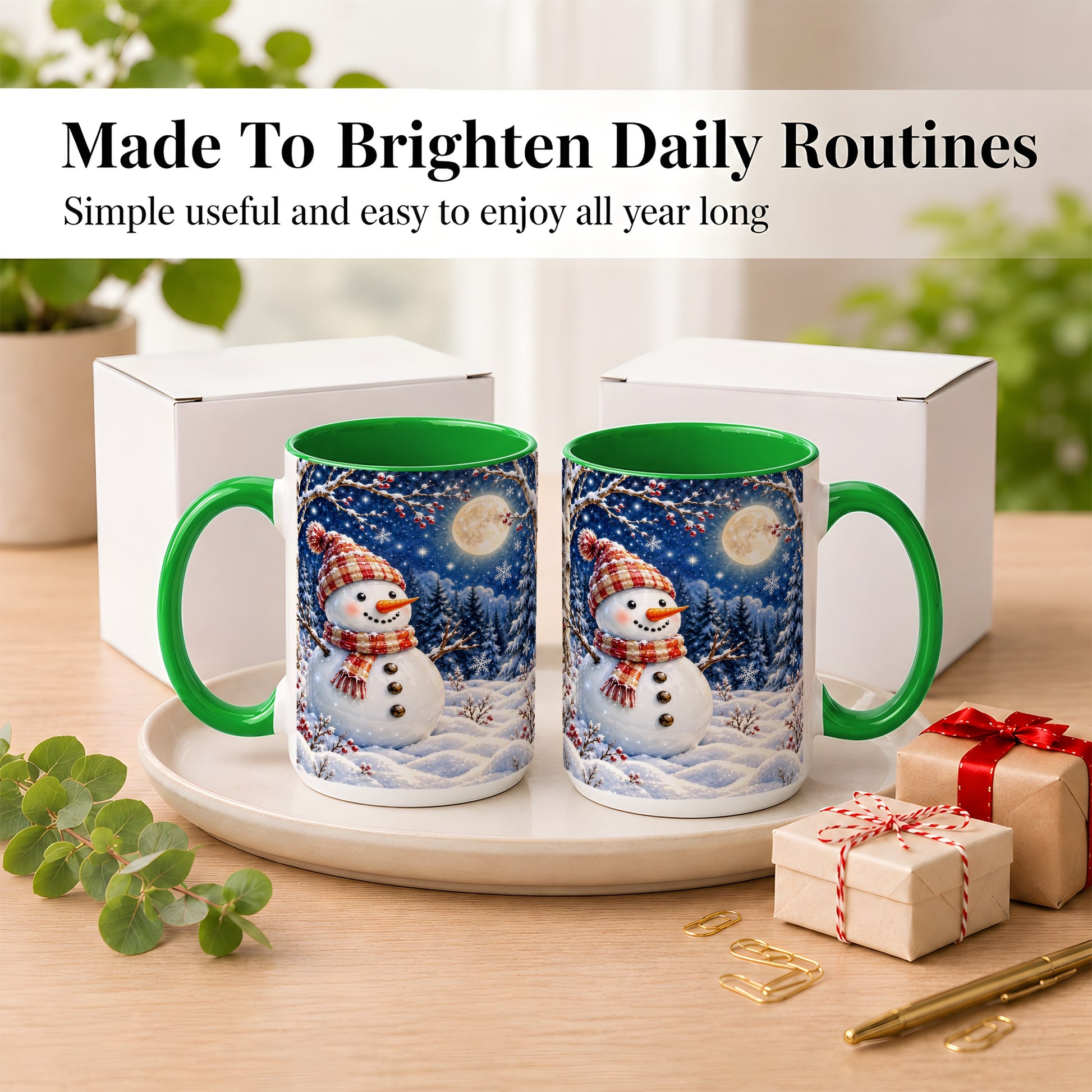 #pl[15oz|Green] Moon Snowman Coffee Mug, Snowy Forest Winter Mug, Ceramic Cup