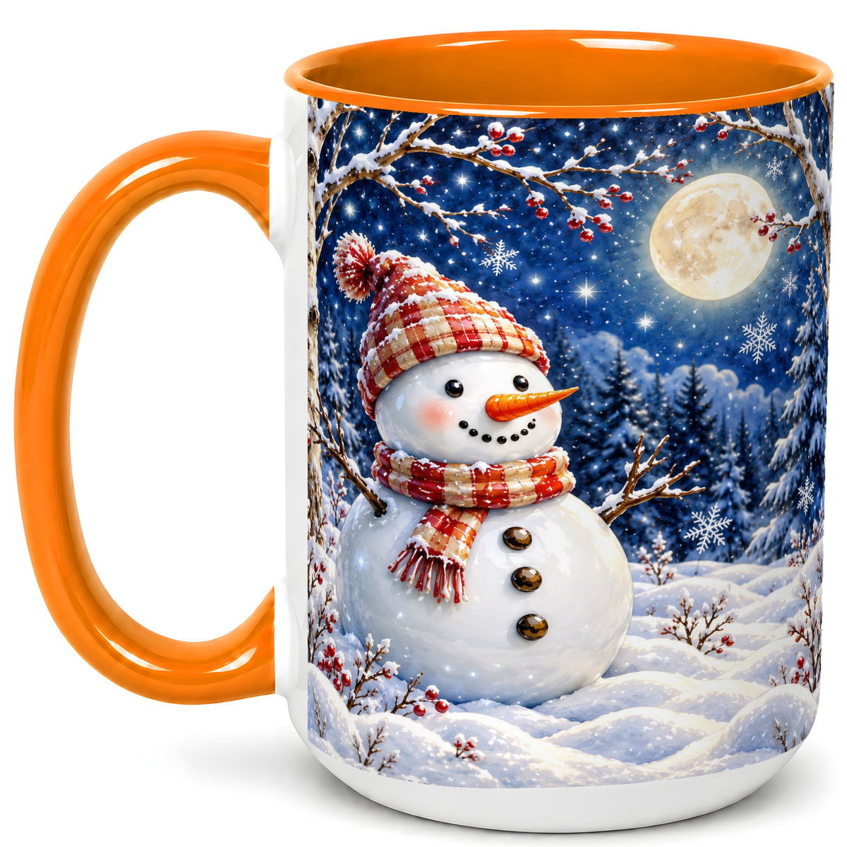#pl[15oz|Orange] Moon Snowman Coffee Mug, Snowy Forest Winter Mug, Ceramic Cup