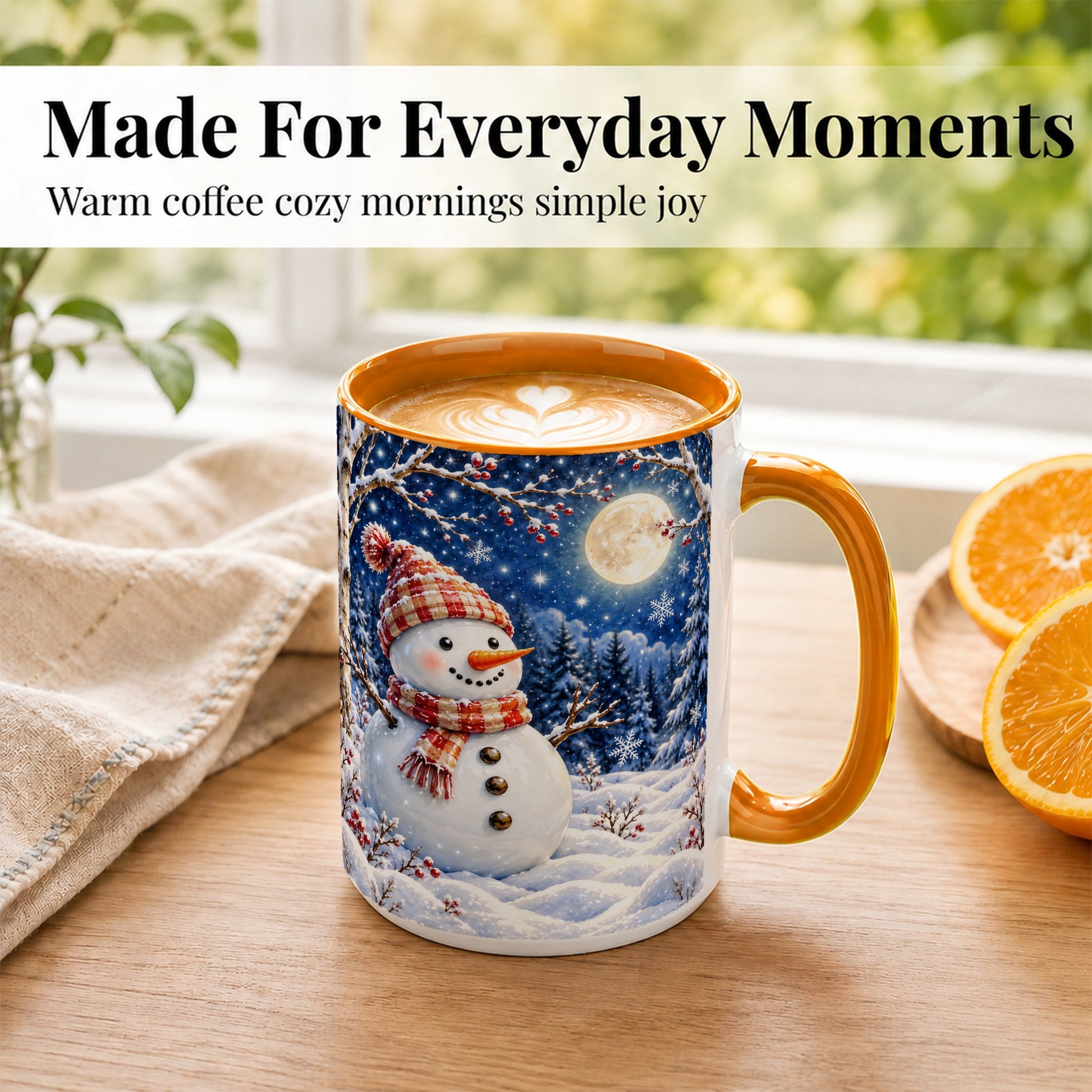 #pl[15oz|Orange] Moon Snowman Coffee Mug, Snowy Forest Winter Mug, Ceramic Cup