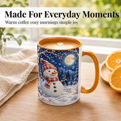 #pl[15oz|Orange] Moon Snowman Coffee Mug, Snowy Forest Winter Mug, Ceramic Cup