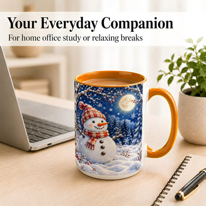 #pl[15oz|Orange] Moon Snowman Coffee Mug, Snowy Forest Winter Mug, Ceramic Cup
