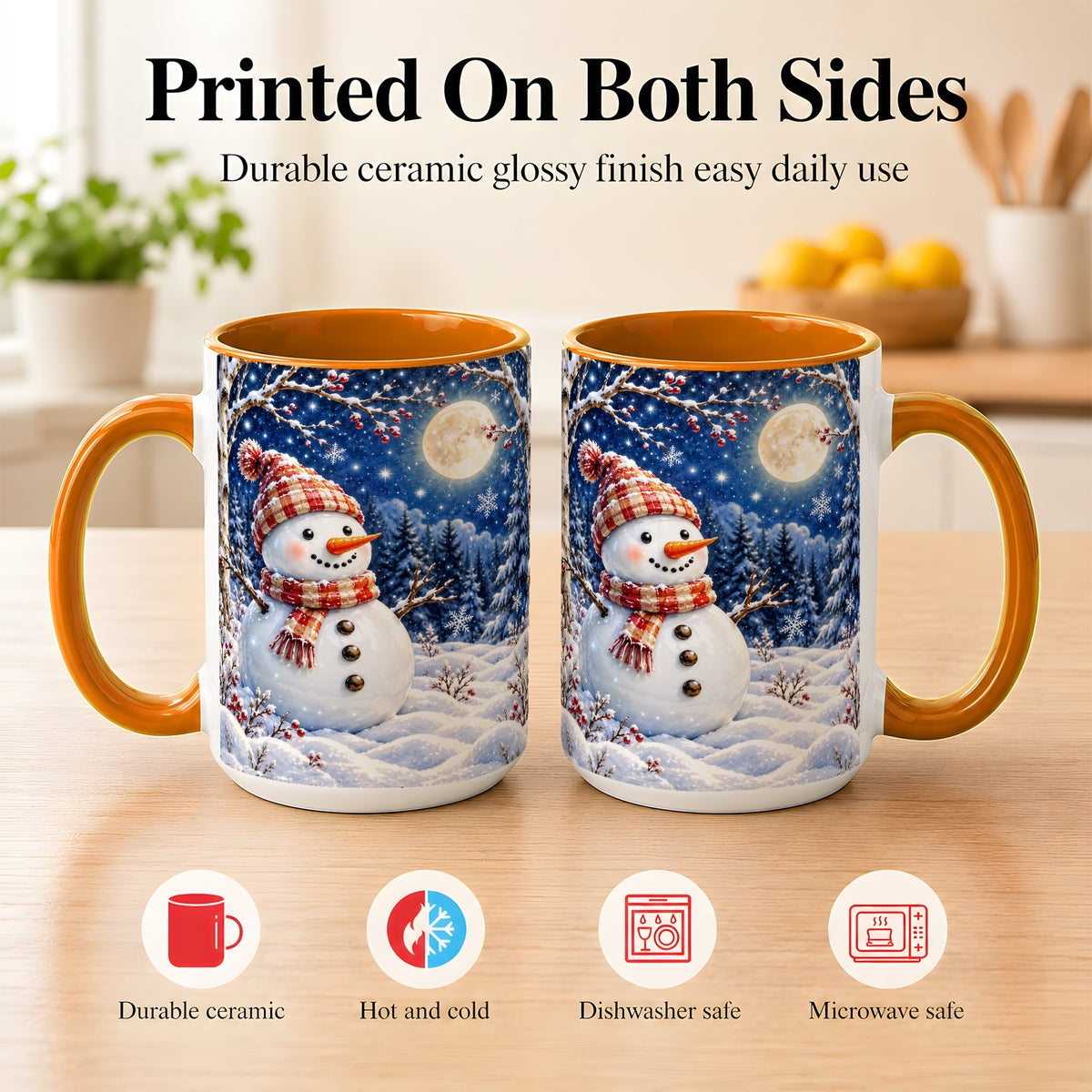 #pl[15oz|Orange] Moon Snowman Coffee Mug, Snowy Forest Winter Mug, Ceramic Cup