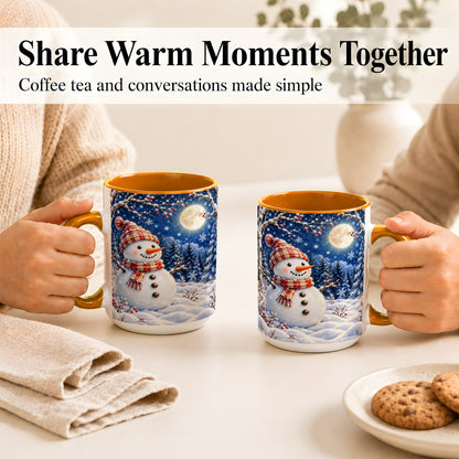 #pl[15oz|Orange] Moon Snowman Coffee Mug, Snowy Forest Winter Mug, Ceramic Cup