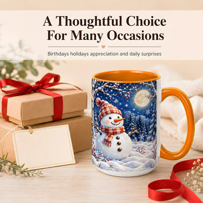 #pl[15oz|Orange] Moon Snowman Coffee Mug, Snowy Forest Winter Mug, Ceramic Cup
