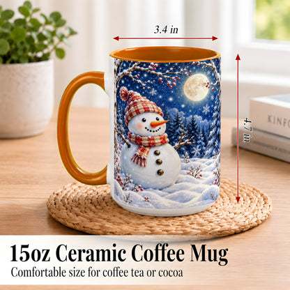 #pl[15oz|Orange] Moon Snowman Coffee Mug, Snowy Forest Winter Mug, Ceramic Cup