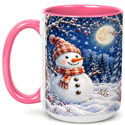 #pl[15oz|Pink] Moon Snowman Coffee Mug, Snowy Forest Winter Mug, Ceramic Cup