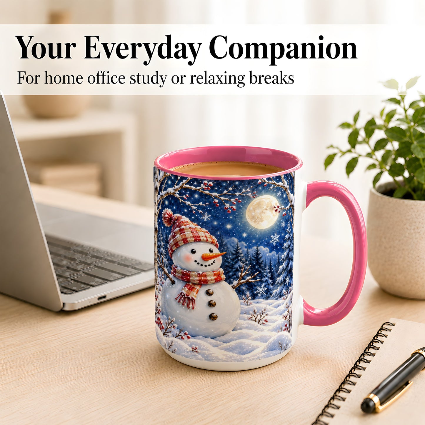 #pl[15oz|Pink] Moon Snowman Coffee Mug, Snowy Forest Winter Mug, Ceramic Cup