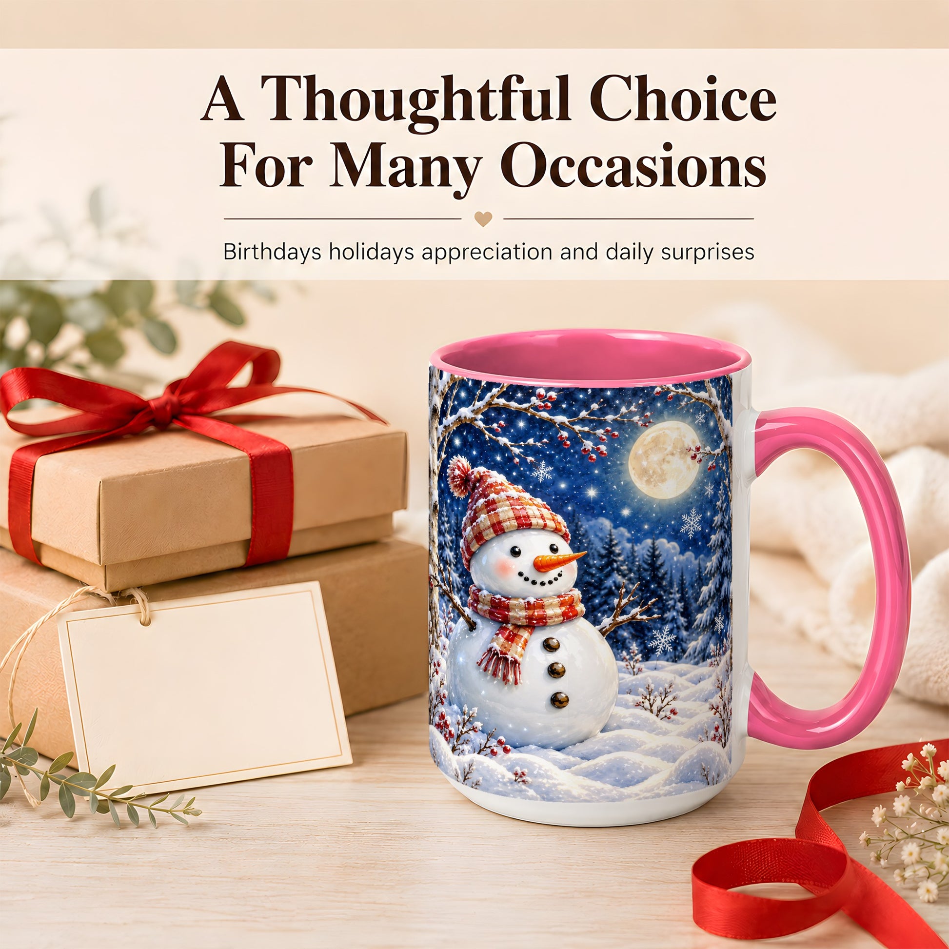 #pl[15oz|Pink] Moon Snowman Coffee Mug, Snowy Forest Winter Mug, Ceramic Cup