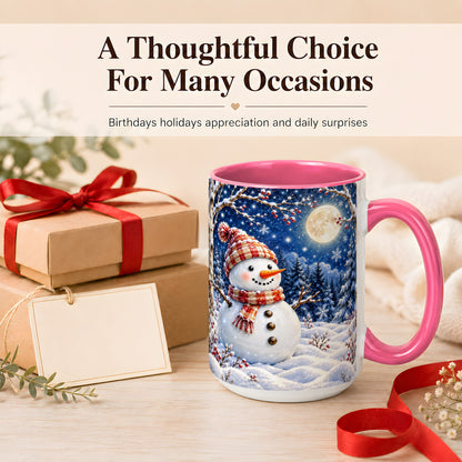 #pl[15oz|Pink] Moon Snowman Coffee Mug, Snowy Forest Winter Mug, Ceramic Cup