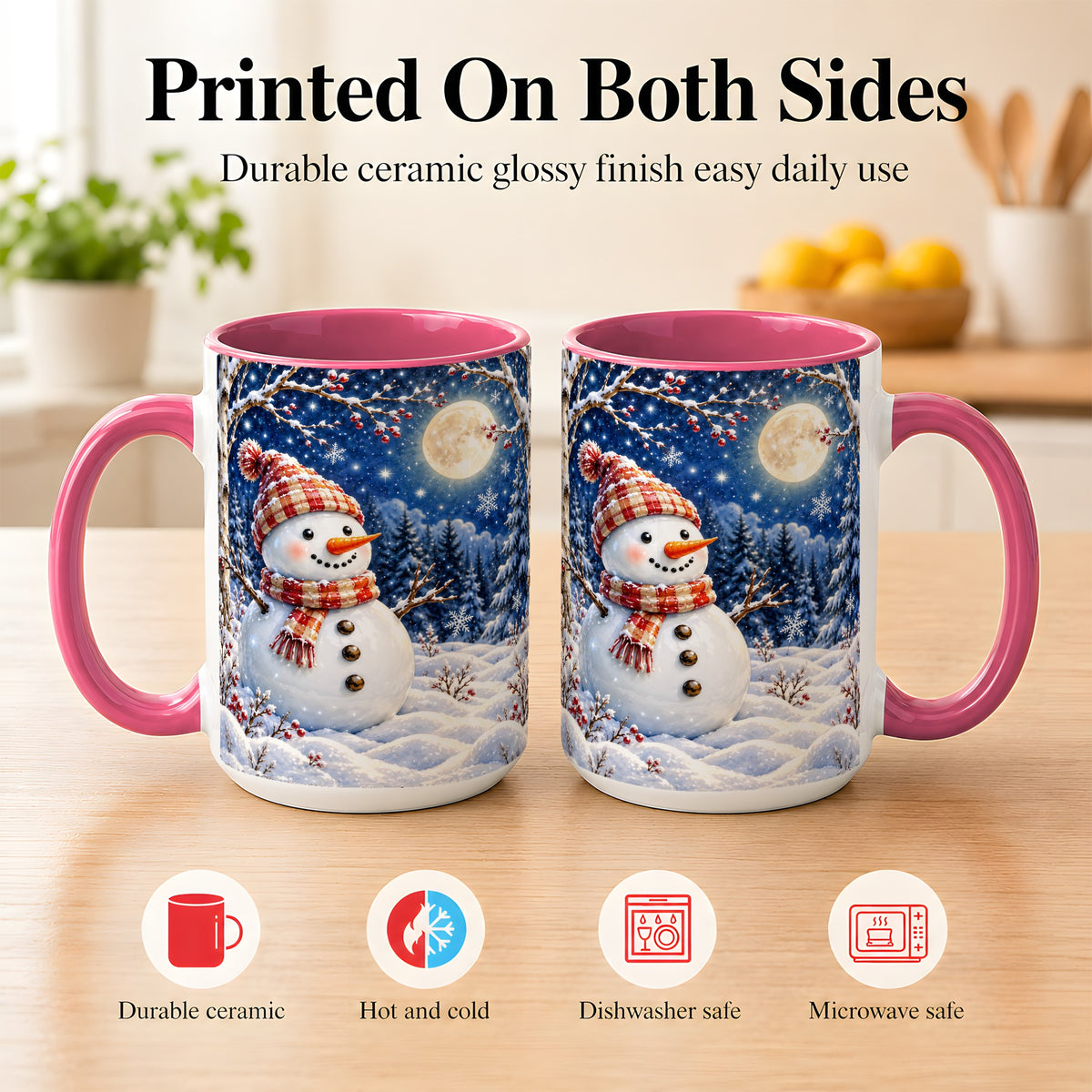 #pl[15oz|Pink] Moon Snowman Coffee Mug, Snowy Forest Winter Mug, Ceramic Cup
