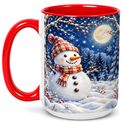 #pl[15oz|Red] Moon Snowman Coffee Mug, Snowy Forest Winter Mug, Ceramic Cup