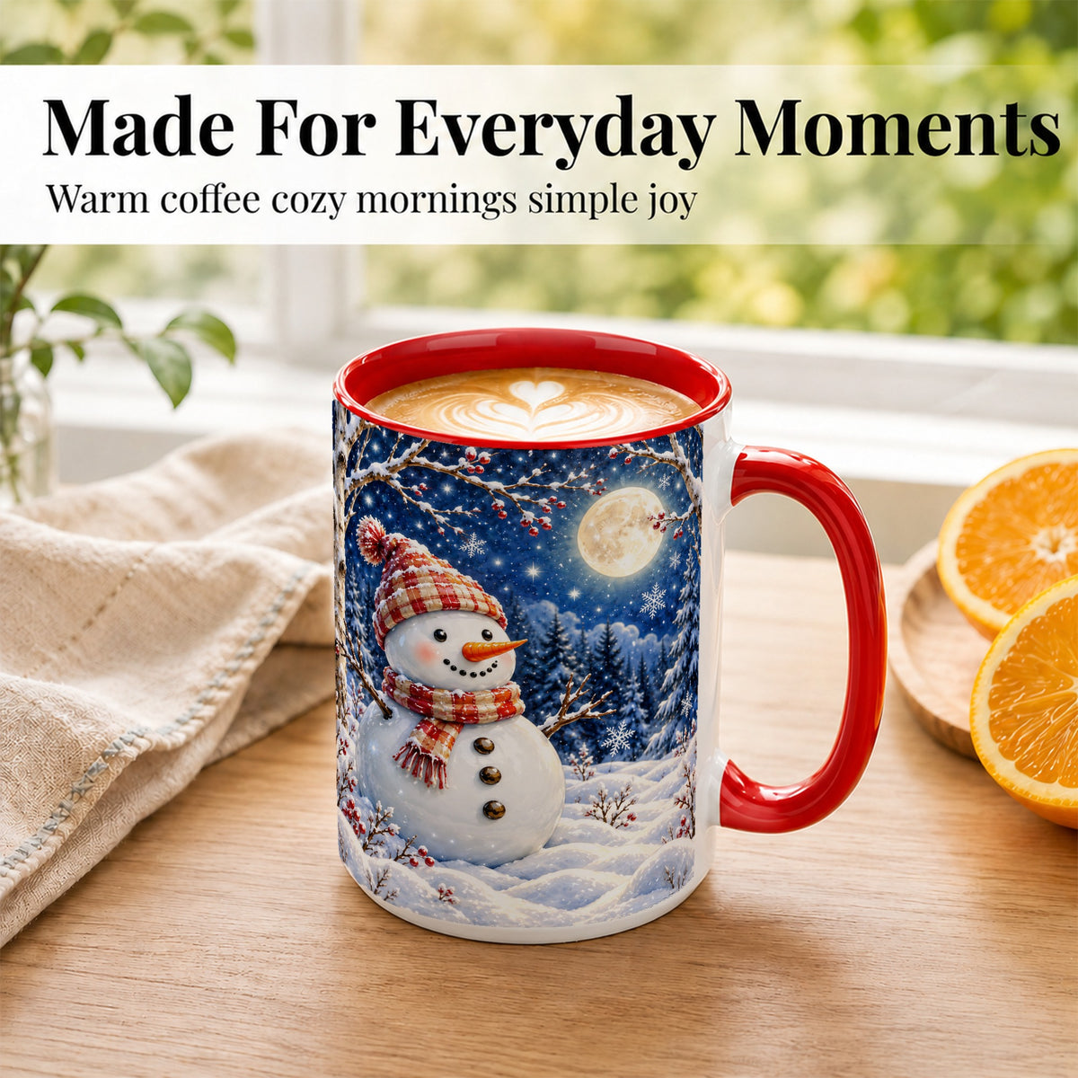 #pl[15oz|Red] Moon Snowman Coffee Mug, Snowy Forest Winter Mug, Ceramic Cup