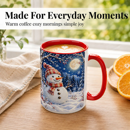 #pl[15oz|Red] Moon Snowman Coffee Mug, Snowy Forest Winter Mug, Ceramic Cup