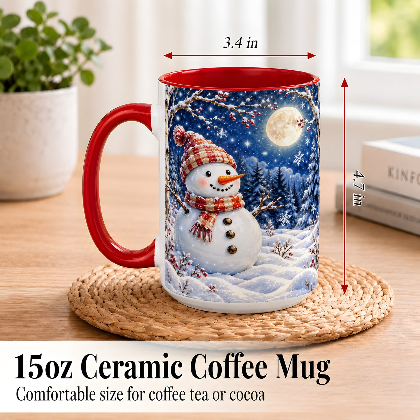 #pl[15oz|Red] Moon Snowman Coffee Mug, Snowy Forest Winter Mug, Ceramic Cup