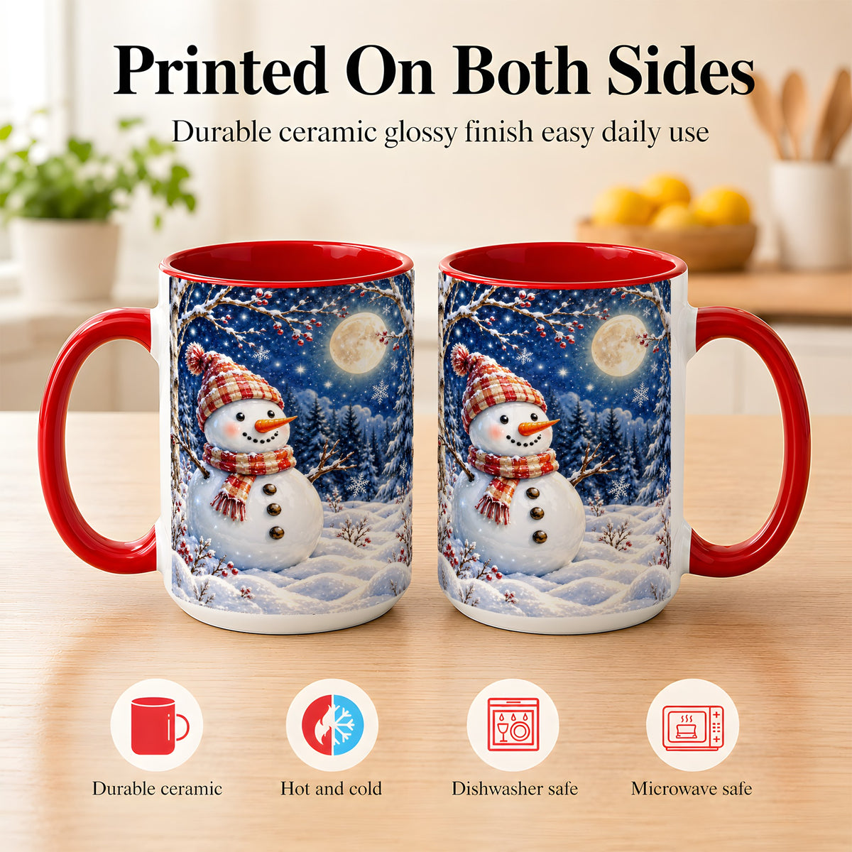 #pl[15oz|Red] Moon Snowman Coffee Mug, Snowy Forest Winter Mug, Ceramic Cup
