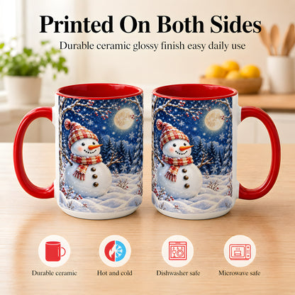 #pl[15oz|Red] Moon Snowman Coffee Mug, Snowy Forest Winter Mug, Ceramic Cup