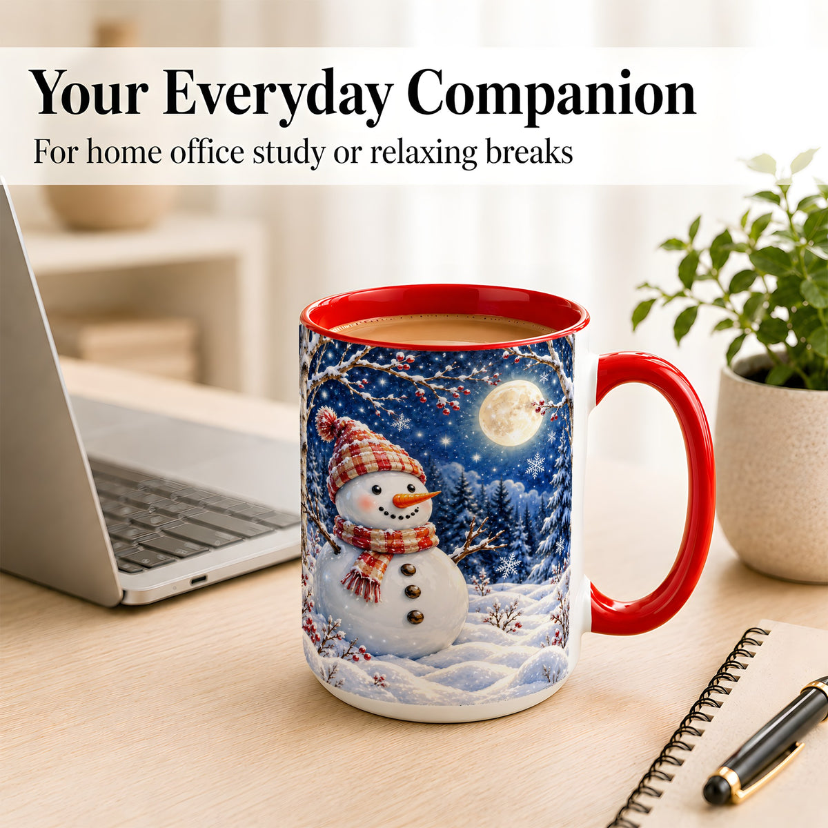 #pl[15oz|Red] Moon Snowman Coffee Mug, Snowy Forest Winter Mug, Ceramic Cup