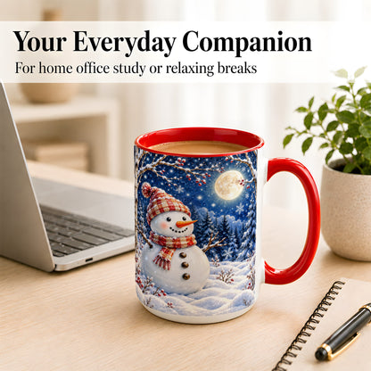 #pl[15oz|Red] Moon Snowman Coffee Mug, Snowy Forest Winter Mug, Ceramic Cup