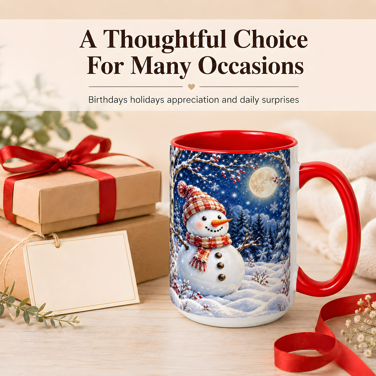 #pl[15oz|Red] Moon Snowman Coffee Mug, Snowy Forest Winter Mug, Ceramic Cup