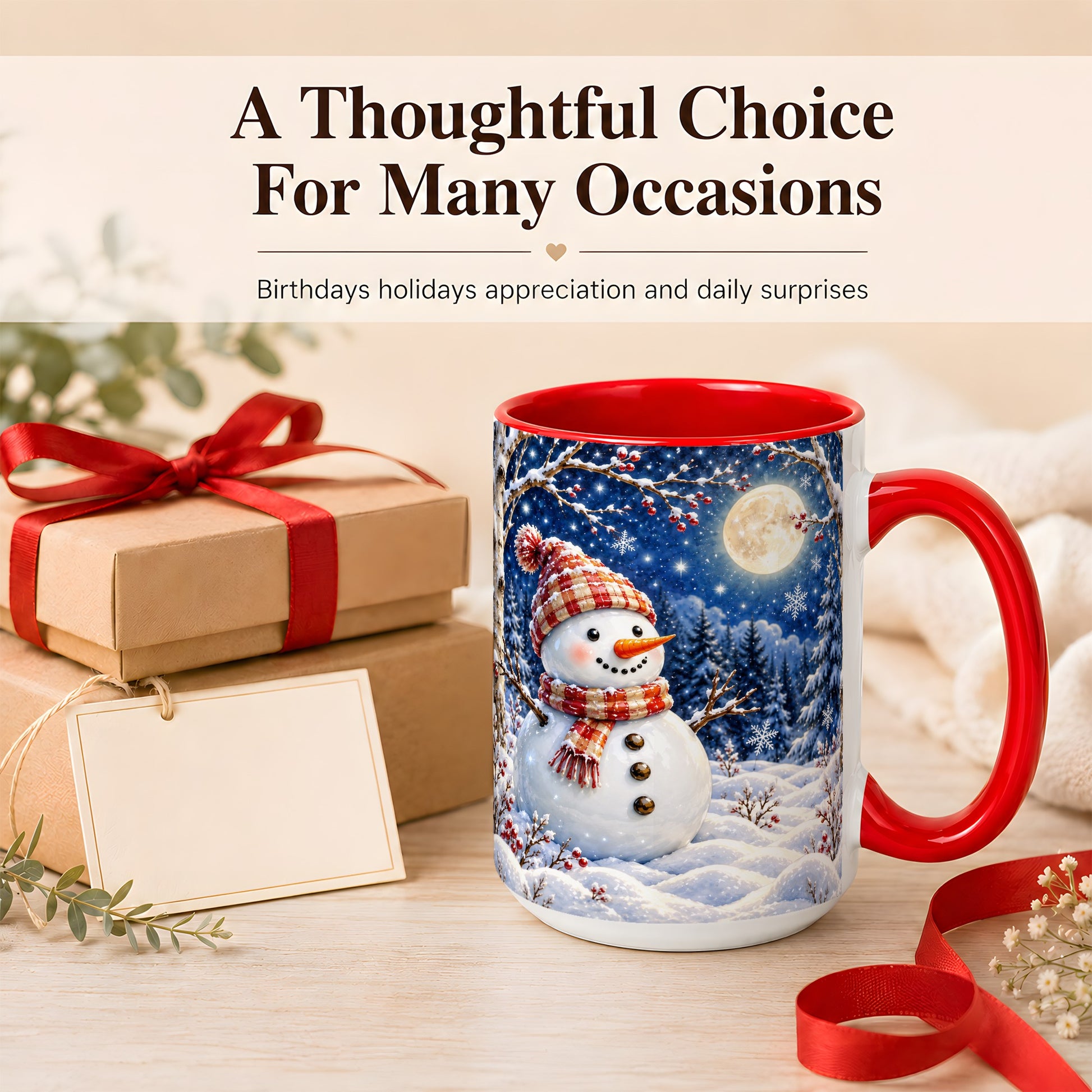 #pl[15oz|Red] Moon Snowman Coffee Mug, Snowy Forest Winter Mug, Ceramic Cup